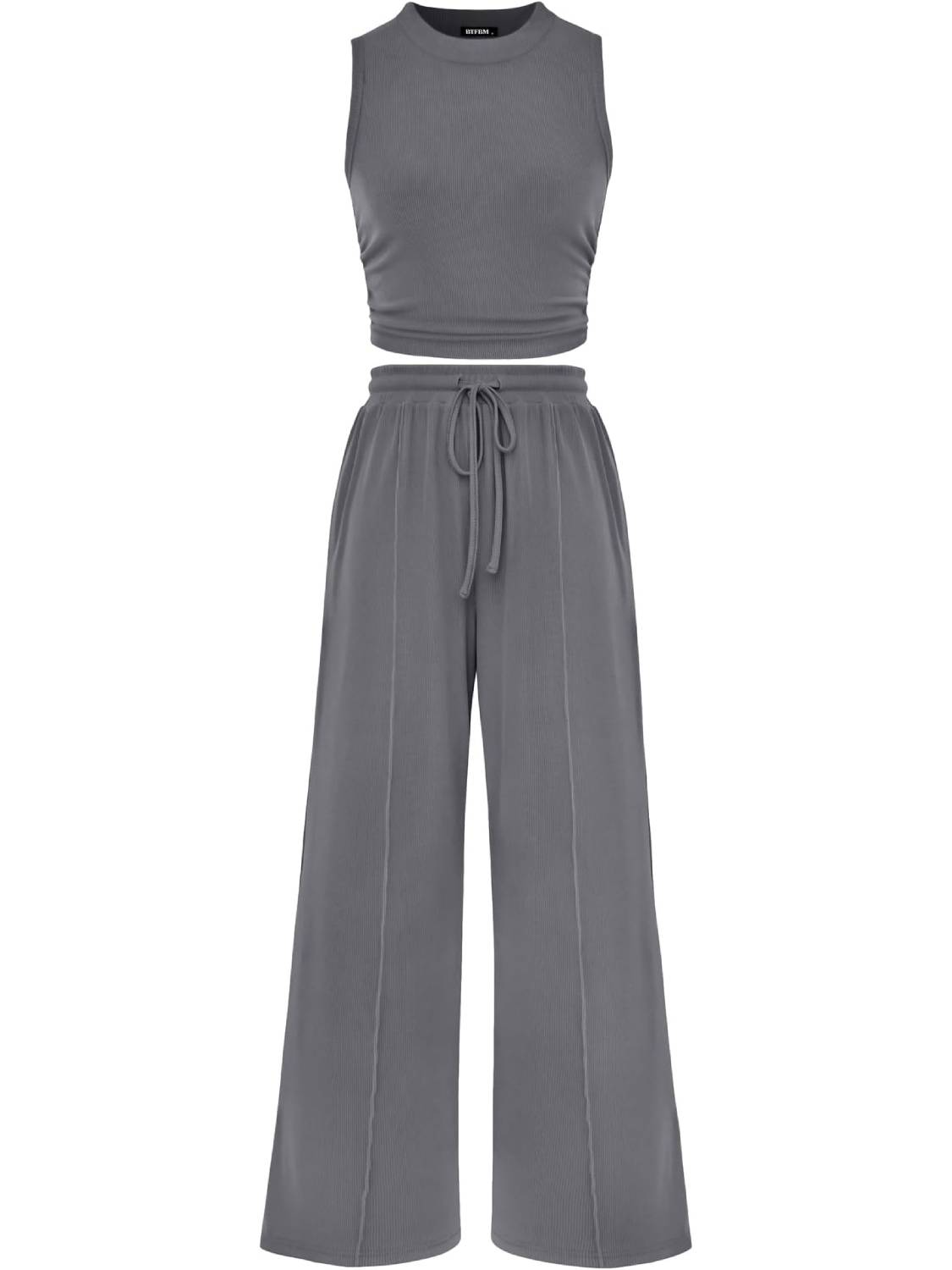 Women Sleeveless Cropped Top Elastic Waist Wide Leg Pants 2 Piece Set
