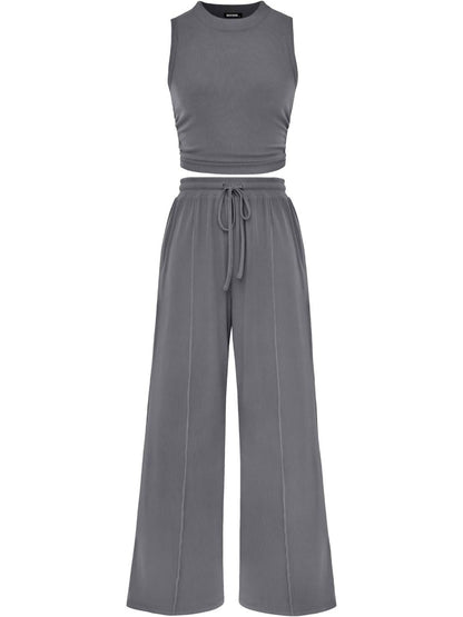 Women Sleeveless Cropped Top Elastic Waist Wide Leg Pants 2 Piece Set