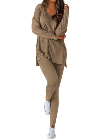Women V-neck Oversized Shirts Leggings Casual Lounge Matching Set