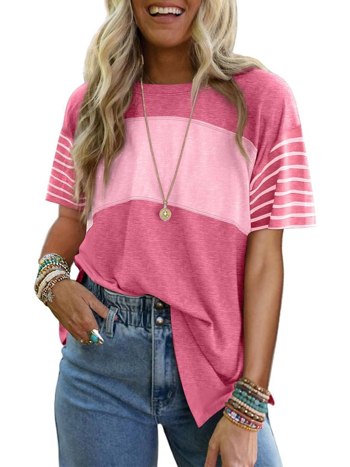 Womens Oversized Color Block Striped Shirts Top