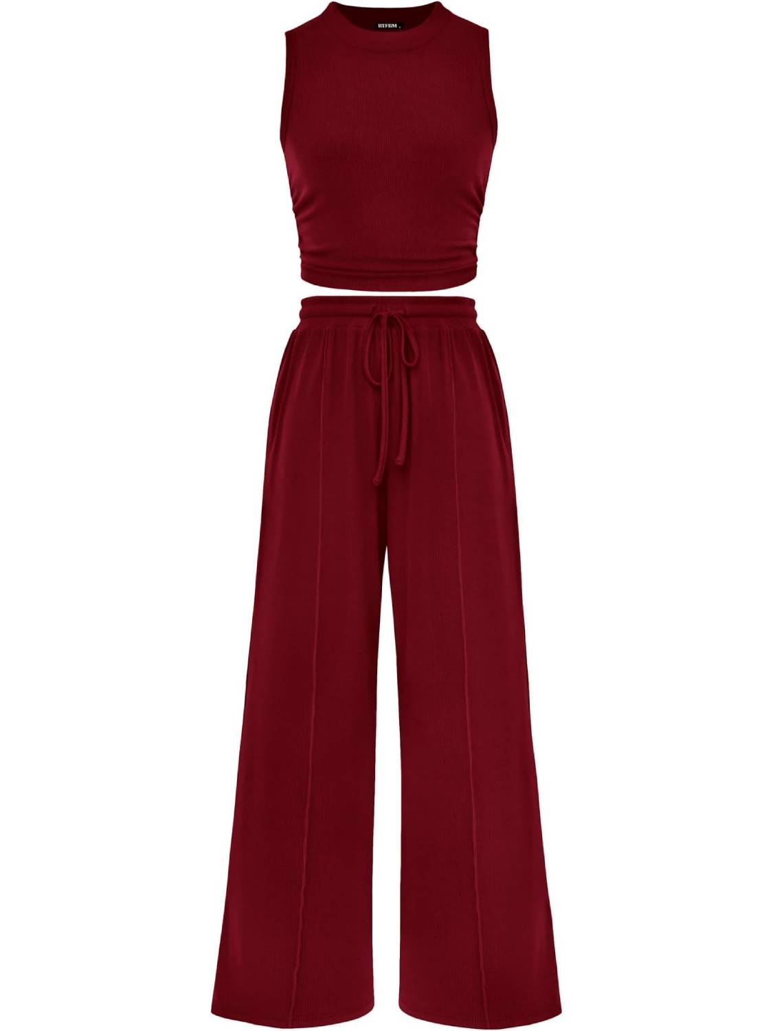 Women Sleeveless Cropped Top Elastic Waist Wide Leg Pants 2 Piece Set