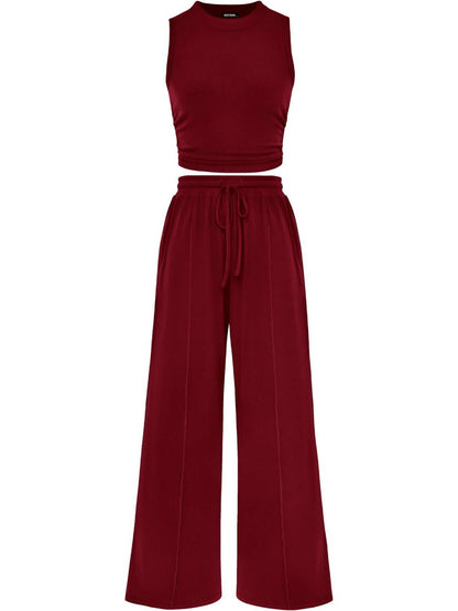 Women Sleeveless Cropped Top Elastic Waist Wide Leg Pants 2 Piece Set