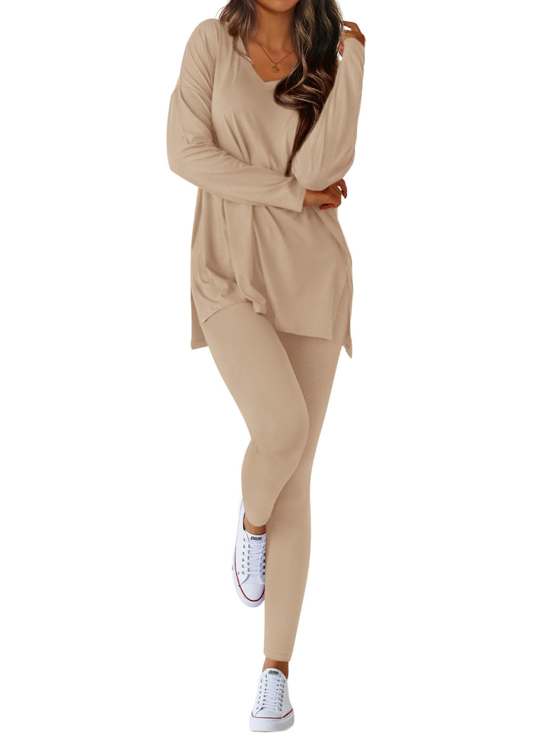 Women V-neck Oversized Shirts Leggings Casual Lounge Matching Set