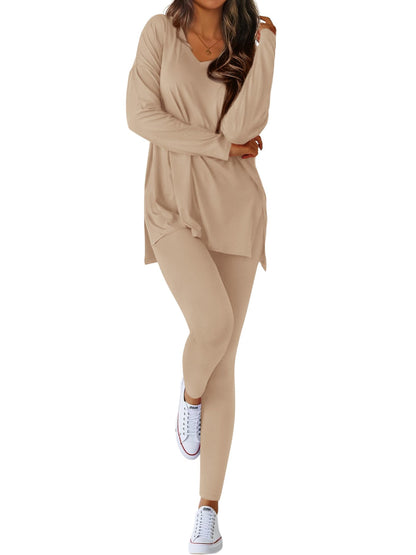 Women V-neck Oversized Shirts Leggings Casual Lounge Matching Set