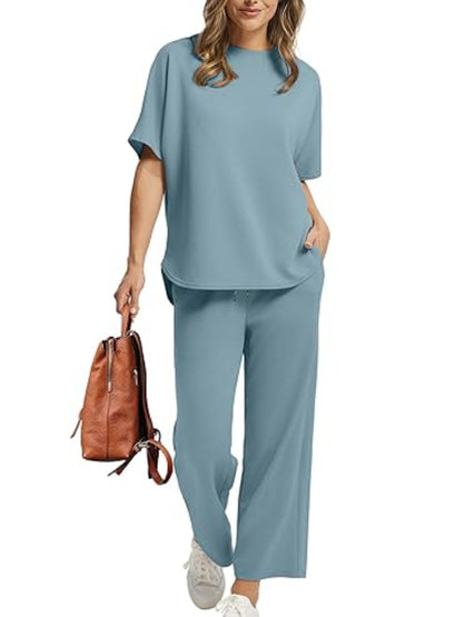 Women Oversized Tshirt and Wide Leg Crop Pants 2 Piece Sets