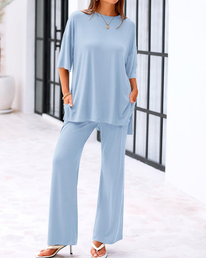 Casual 2-Piece Loose-Fit Short Sleeve Top & Wide-Leg Pants Set with Pockets (buy 2 free shipping!!!)