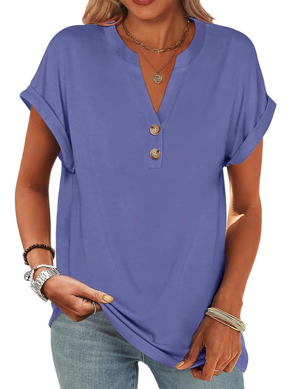 Women's V Neck Button Casual Loose Fit Short Sleeve Henley Tops