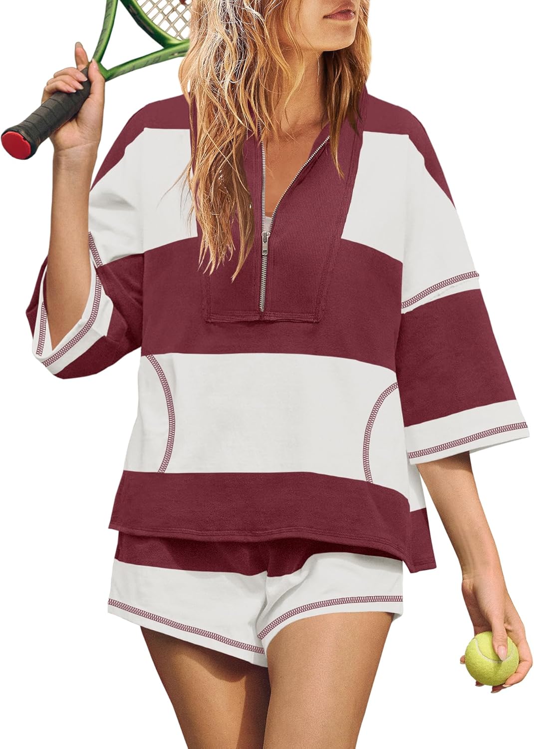 Women's Quarter Zip Color Block Top & Shorts Matching Set