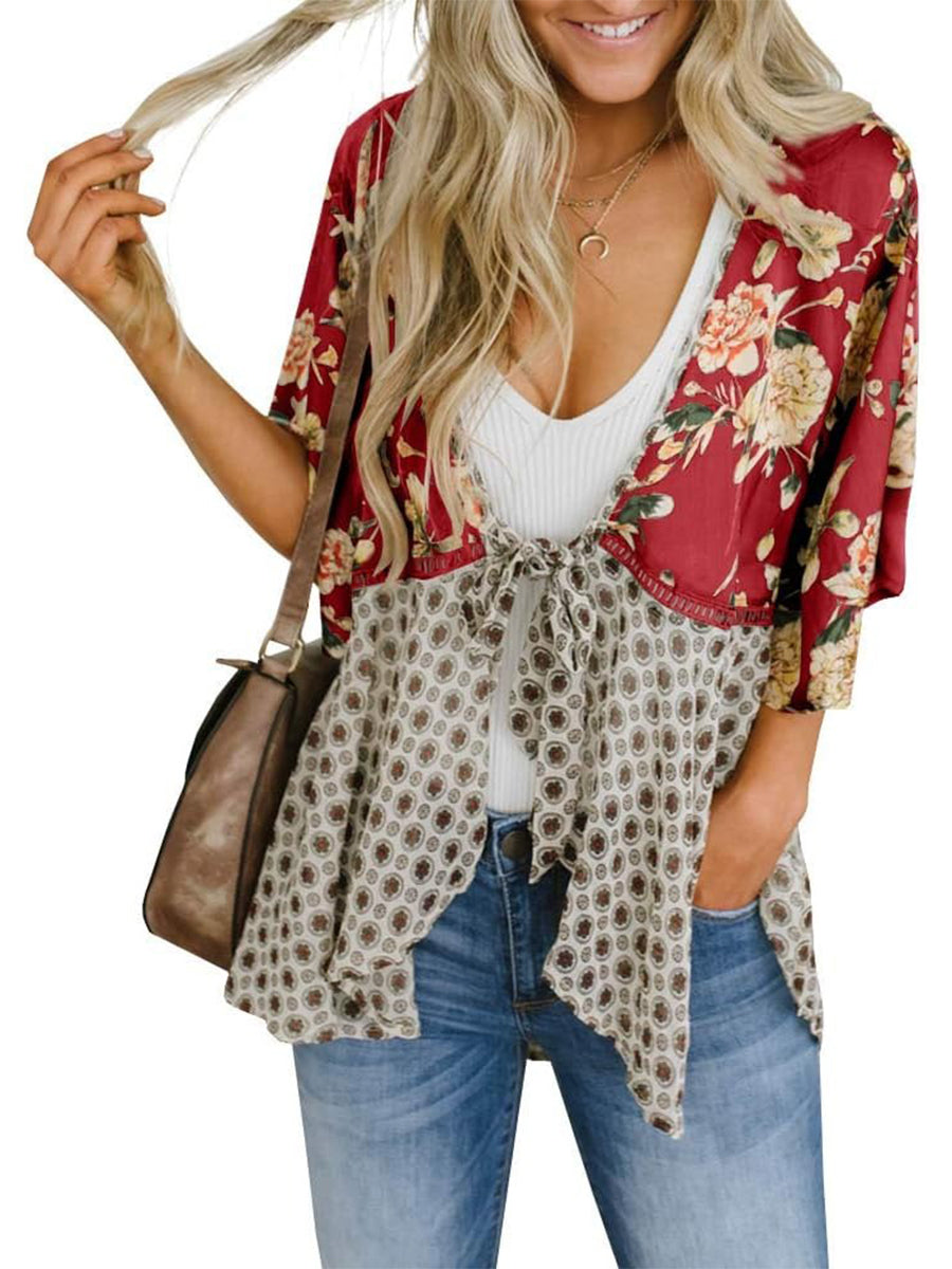 Women's Floral Kimono Ruffle Sleeve Tie Cardigans Flowy Boho Loose Cover Ups