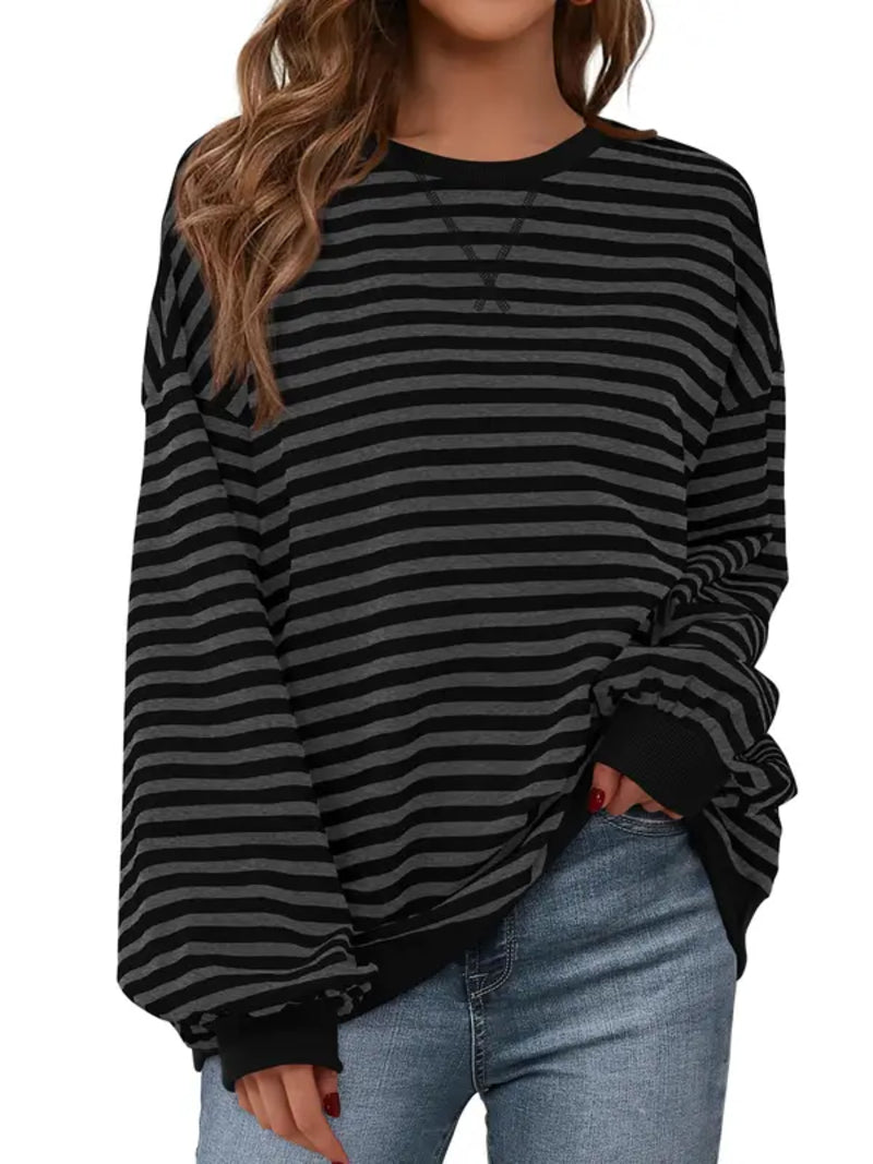 Womens Striped Oversized Sweatshirt Color Block Long Sleeve Top