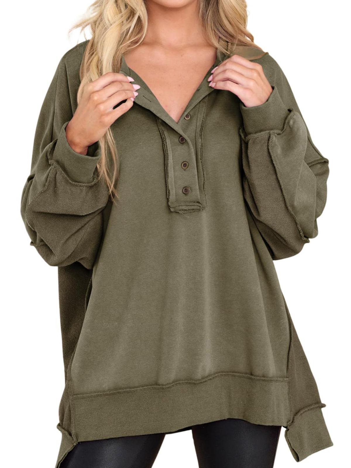 Women Oversized Casual Long Sleeve Button Henley Neck Pullover Tunic Tops