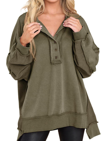 Women Oversized Casual Long Sleeve Button Henley Neck Pullover Tunic Tops