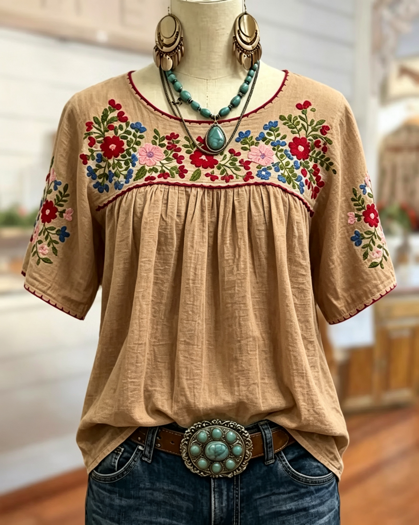 Floral  Loose Gathered Scoop Neck Short Sleeve Blouse