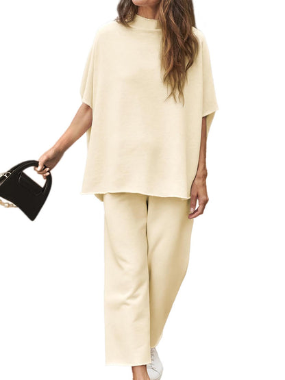 Women's 2 Piece Outfits 3/4 Batwing Sleeve Pullover Top Wide Leg Pants Lounge Set