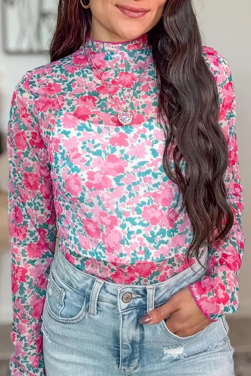 Women's Slim Fit Vibrant Floral Mesh Top