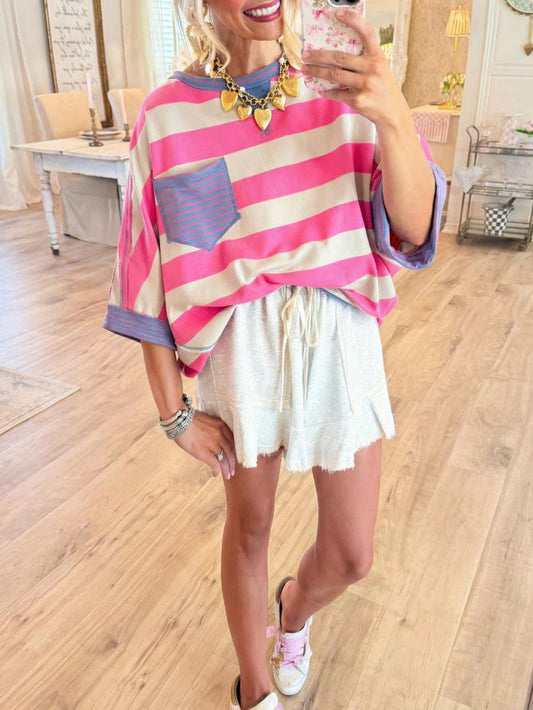 Women's T-shirts Striped Drop Shoulder Pocket T-shirt