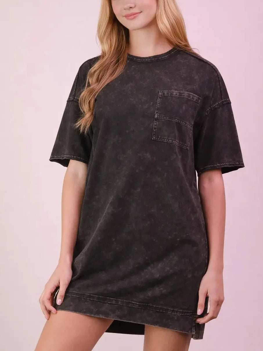 Women's Acid Wash Oversized T-Shirt Dress with Pockets