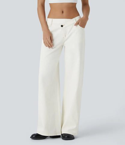 Asymmetric Low Rise Zipper Pockets Baggy Wide Leg Washed Casual Jeans