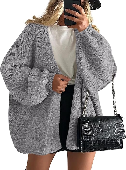 Oversized Lantern Sleeve Open Front Knit Cardigan
