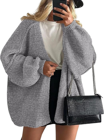 Oversized Lantern Sleeve Open Front Knit Cardigan