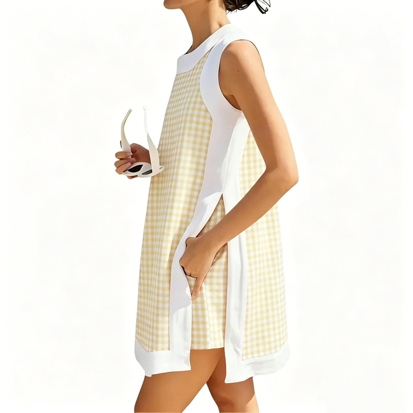Gingham Plaid Color Block Sleeveless Tunic Top Shorts 2 Piece Set