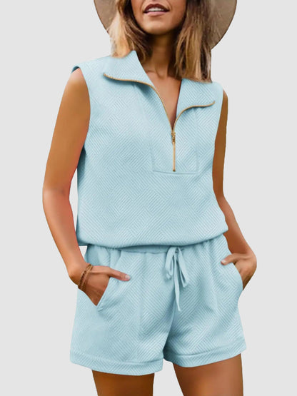 Womens 2 Piece Outfits  extured Quarter-Zip Sleeveless Tops with Shorts