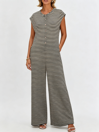 Striped Sleeveless Button Front Casual Wide Leg Jumpsuit with Side Pockets