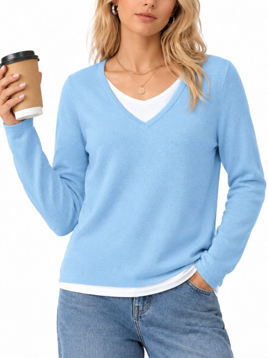 Women's 2 in 1 Patchwork V Neck Casual Sweater Tops Knitwear Long Sleeve