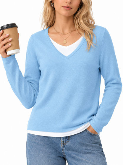 Women's 2 in 1 Patchwork V Neck Casual Sweater Tops Knitwear Long Sleeve