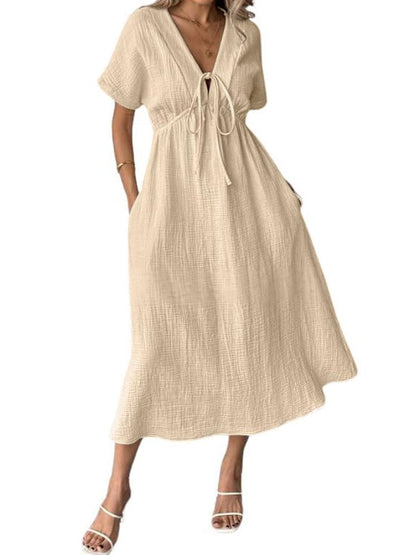Women's V Neck Tie up Textured Loose Flowy Midi Dress With Pockets