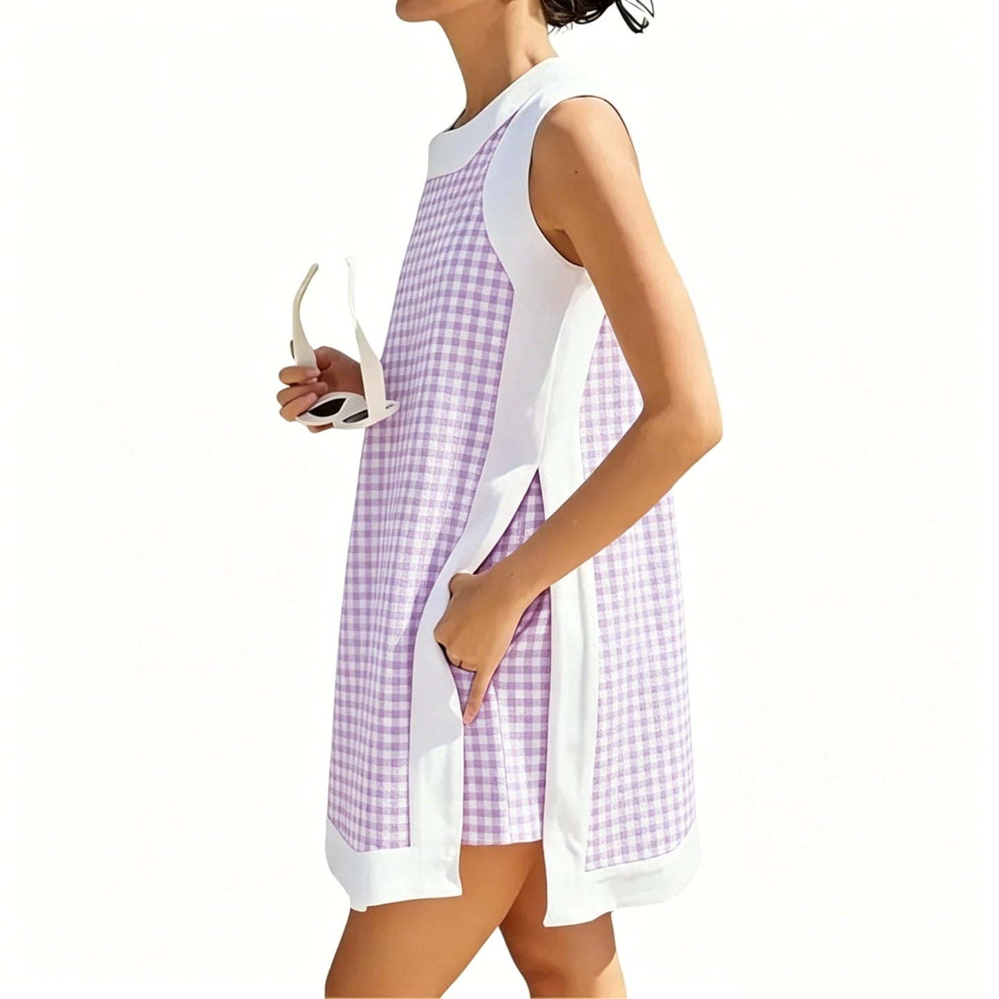 Gingham Plaid Color Block Sleeveless Tunic Top Shorts 2 Piece Set