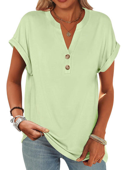 Women's V Neck Button Casual Loose Fit Short Sleeve Henley Tops