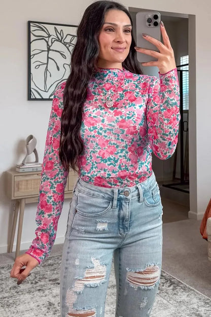 Women's Slim Fit Vibrant Floral Mesh Top