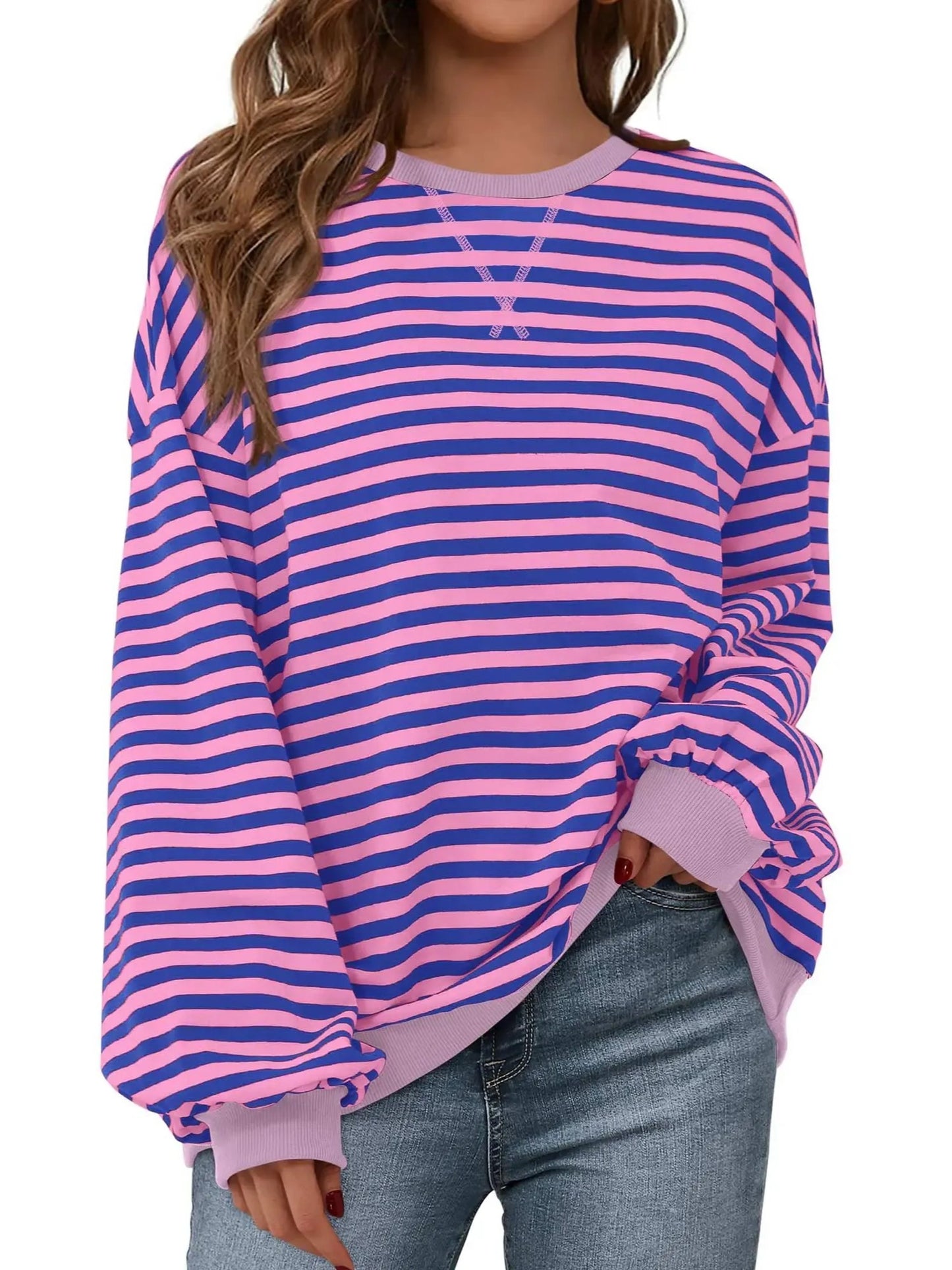 Womens Striped Oversized Sweatshirt Color Block Long Sleeve Top