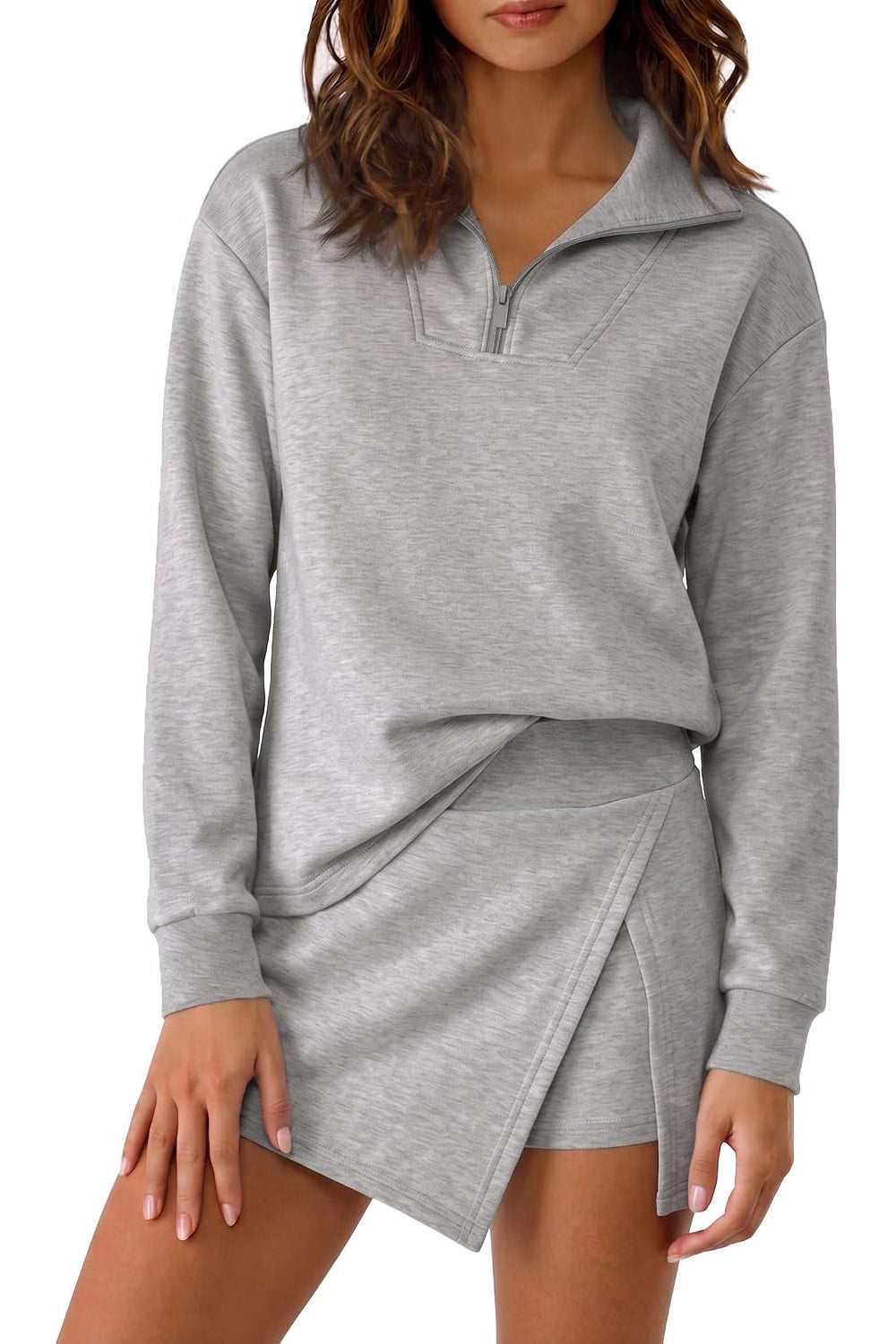 Women's Half Zip Long‑Sleeve Top & Wrap Skort 2 Piece Casual Set