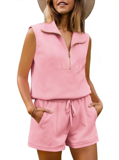 Womens 2 Piece Outfits  extured Quarter-Zip Sleeveless Tops with Shorts
