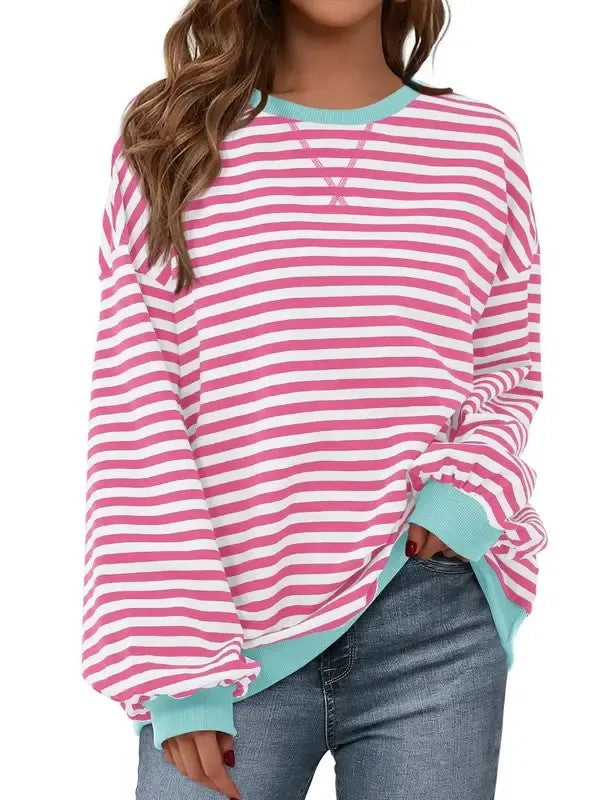 Womens Striped Oversized Sweatshirt Color Block Long Sleeve Top
