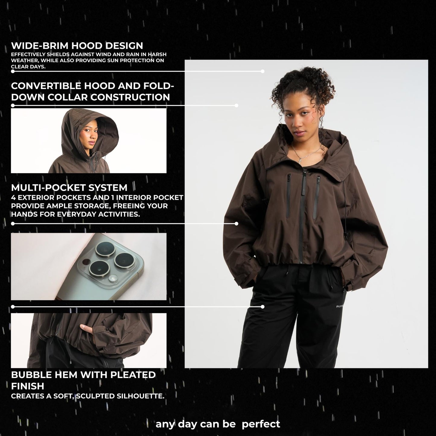 Women's Oversized Pleated Hem Rain Jacket With Hooded