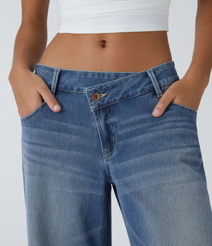 Asymmetric Low Rise Zipper Pockets Baggy Wide Leg Washed Casual Jeans