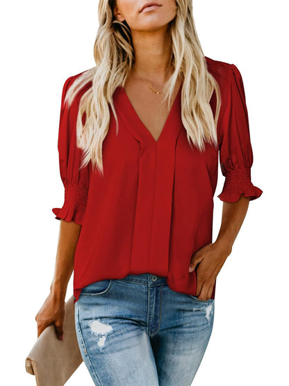 Women's V Neck Dressy Puff Ruffle Blouse Casual Short Sleeve Tops