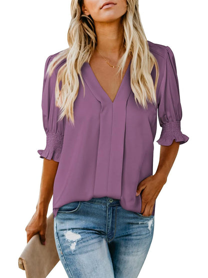 Women's V Neck Dressy Puff Ruffle Blouse Casual Short Sleeve Tops