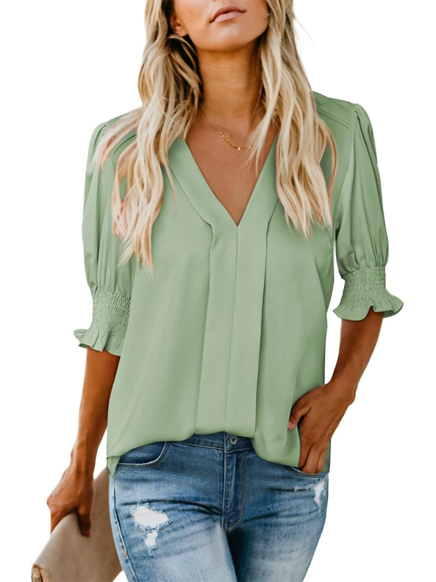 Women's V Neck Dressy Puff Ruffle Blouse Casual Short Sleeve Tops