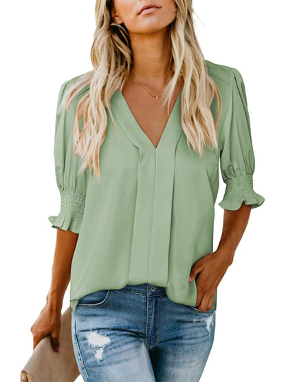 Women's V Neck Dressy Puff Ruffle Blouse Casual Short Sleeve Tops