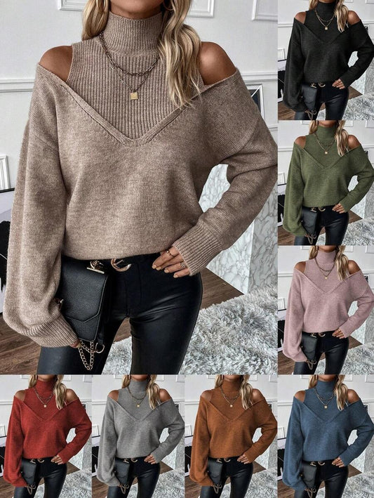 Women's Turtleneck Cold Shoulder 2 In 1 Sweater(buy 2 free shipping!!!)