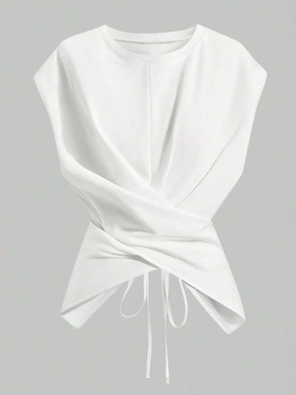 Women's Cap Sleeve Tie Back Cinched Waist Wrap Top
