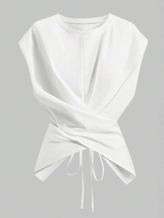 Women's Cap Sleeve Tie Back Cinched Waist Wrap Top