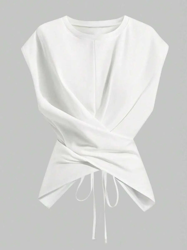 Women's Cap Sleeve Tie Back Cinched Waist Wrap Top
