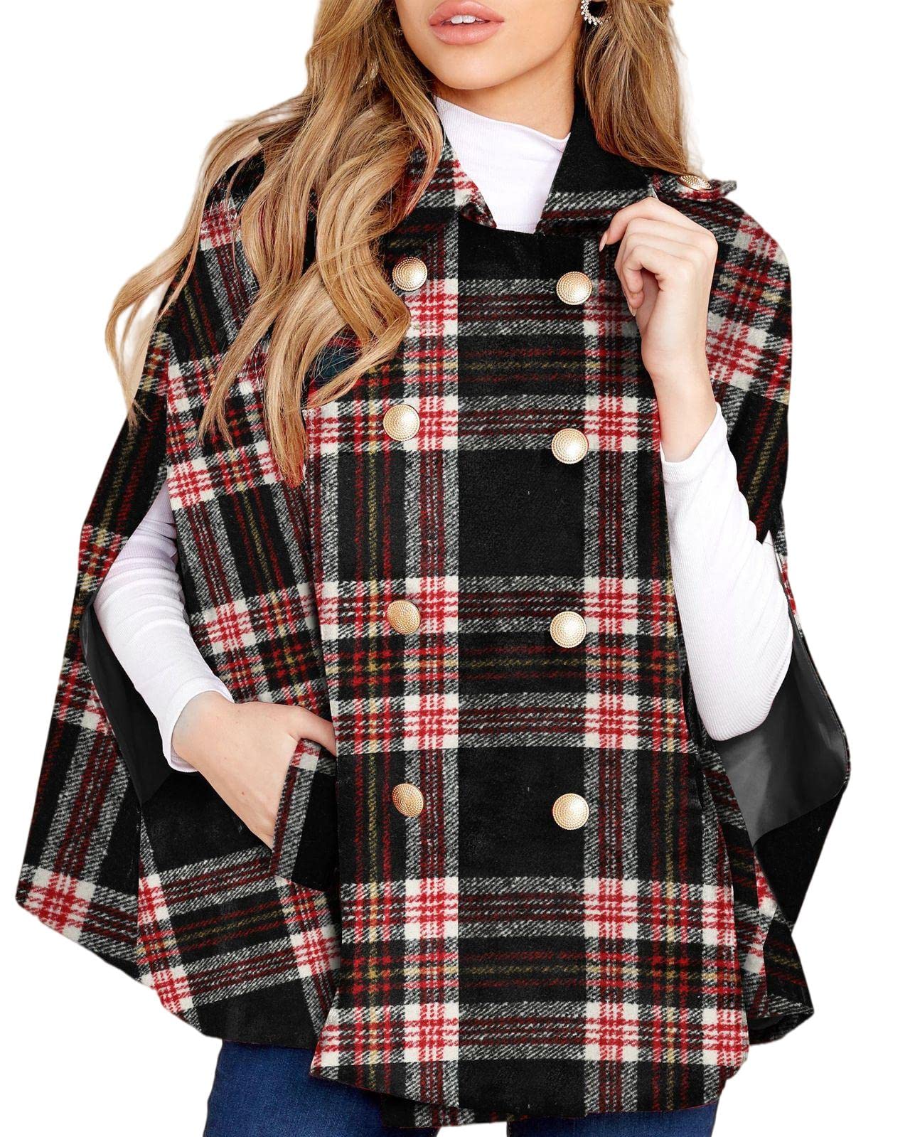 Women's Plaid Double Breasted Winter Cape Turn Down Poncho Coats(Buy 2 Free Shipping)