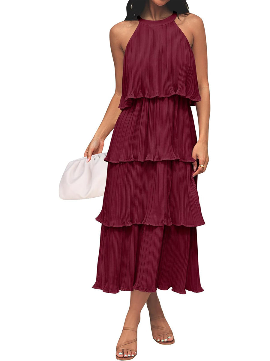 Women's Summer Halter Neck Ruffle Tiered Layered Chiffon Flowy Swing Midi Dress
