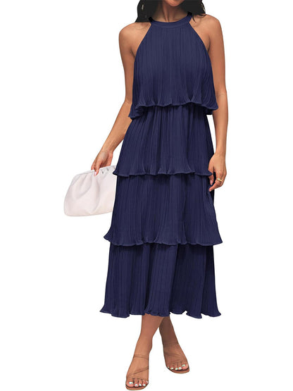 Women's Summer Halter Neck Ruffle Tiered Layered Chiffon Flowy Swing Midi Dress
